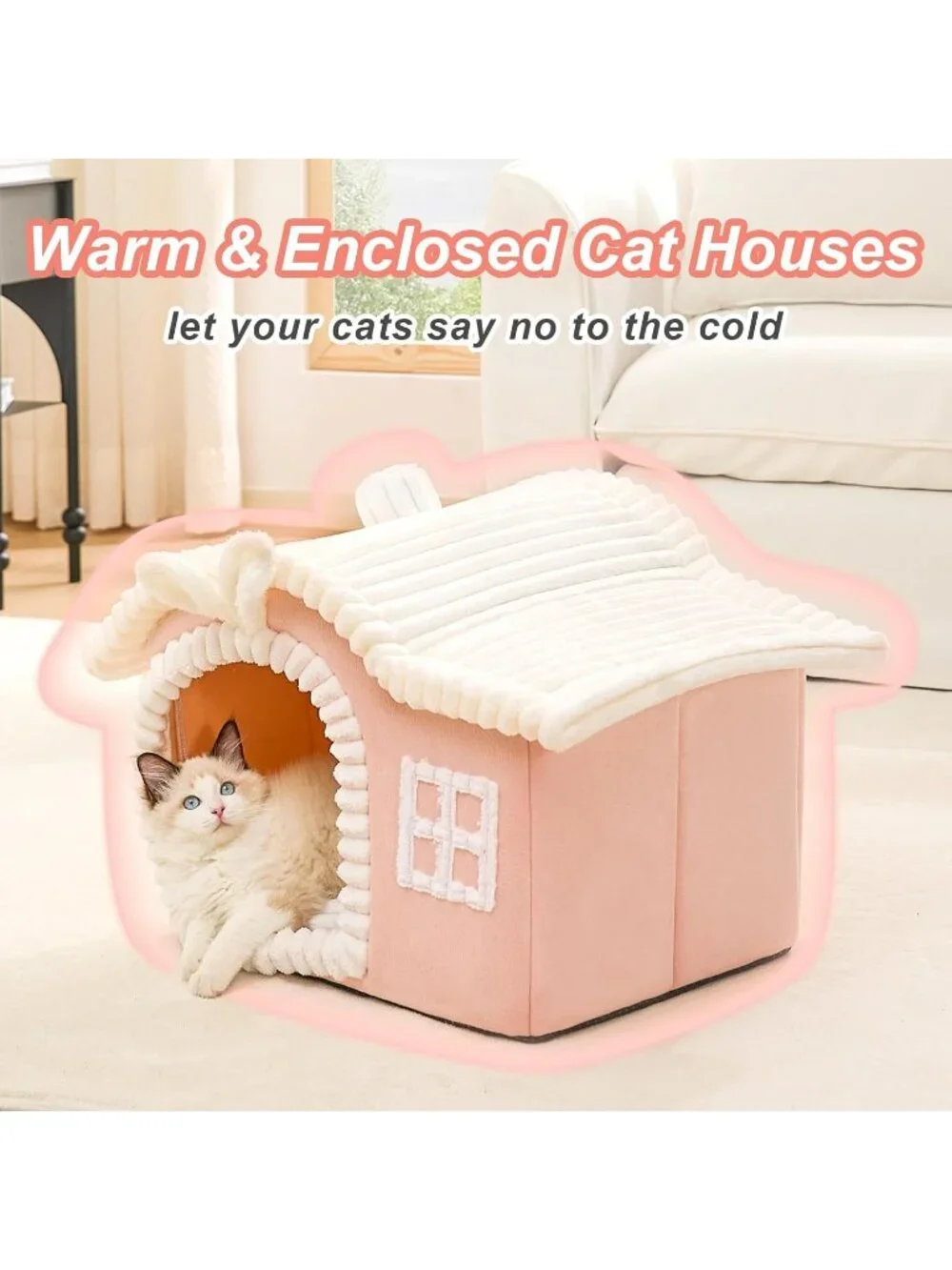 New Pink Cat House with Chimney, Cute Indoor Pet House for Cats 3-10 lbs